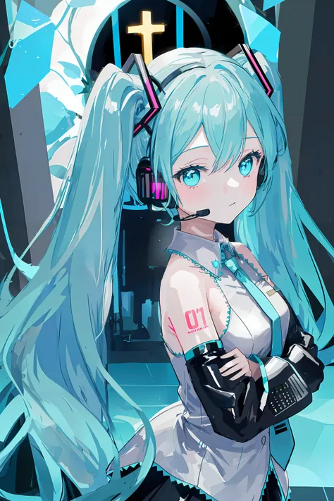 1girl,
hatsune miku,
solo,full body,dreamlike,a dreamy scene,looking at viewer,church,cable,headset,black sleeves,crossed arms,twintails,dress,breasts,standing,medium breasts,copyright name,detached sleeves,tattoo,headphones,bare shoulders,aqua eyes,honeyc...