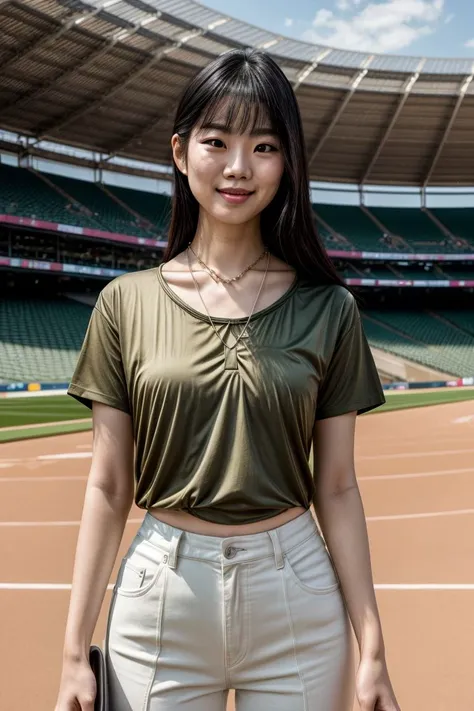 Asian woman, KM_hailey, closeup, (shirt), pants, (at a stadium), cross necklace , smiling , wide shoulders, perfect face, (contact iris: 1.1), pale skin, skin pores , depth of field, Dramatic, canon50, 8k