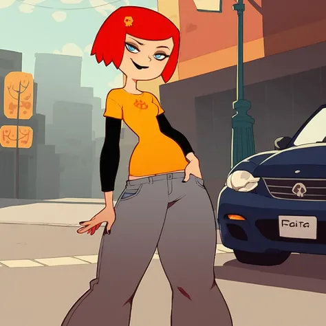 score_9, score_8_up, score_7_up, (doxy:0.6),BREAK,source_cartoon, 1girl, solo, detailed background,streets, car in background, car on fire, city, holding camcorder, looking at viewer, smirking,teenage girl, small breasts,red hair(dyed), short hair, black e...