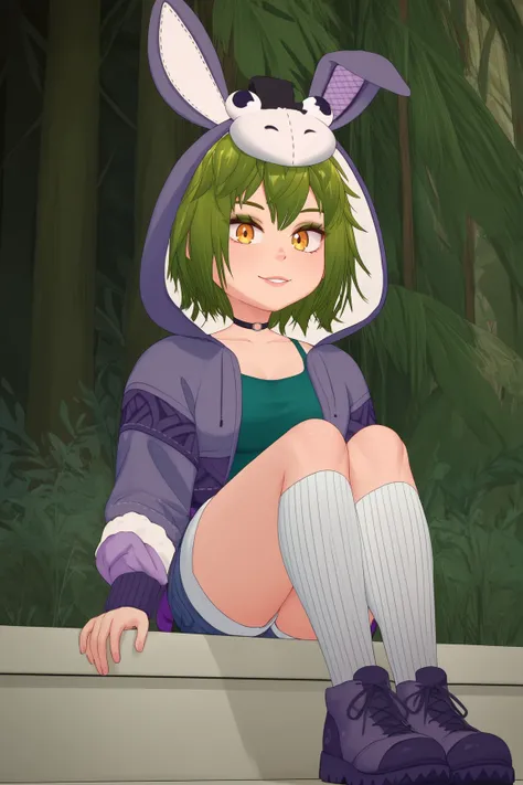 score_9, score_8_up, score_7_up, score_6_up, BREAK, RyumiVTXL, makeup, yellow eyes, green hair, short hair, bangs, black choker, medium breasts, purple jacket, animal hood, hood up, long sleeves, green tank top, denim shorts, white socks, purple shoes, sol...