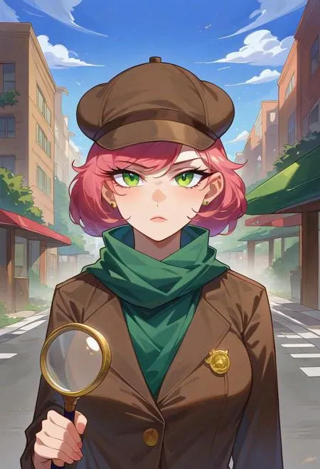 Masterpiece, High quality, OC, Female Adult woman, solo, 1girl, Detective woman, Short pink hair, Green eyes, Long Brown detective coat, brown Detective deerstalker hat, green scarf, black pants, serious face expression, looking through magnifying glass, B...