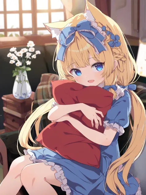 1girl,solo,cat ears,animal ear fluff,hair ornament,hair bow,long hair,blonde hair,low ponytail,twintails,blue eyes,open mouth,blue bow,dress,blue dress,braid,short sleeves,white frills,
holding pillow,pillow hug,sitting,on couch,looking at viewer,light smi...