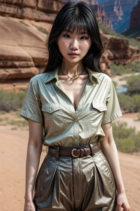 Asian woman, KM_bethany, closeup, (shirt), pants, (big bend national park), cross necklace , (), wide shoulders, perfect face, (contact iris: 1.1), pale skin, skin pores , depth of field, Dramatic, canon50, 8k