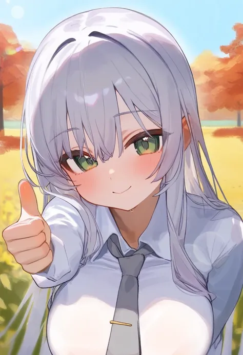 1girl, solo, kedama milk, ciloranko,
long hair, silver hair, green eyes, large breasts, white shirt, collared shirt, seductive smile, thumbs up, grey necktie,
autumn leaves, tree, field, lens flare, blue sky,
best quality, amazing quality, very aesthetic,