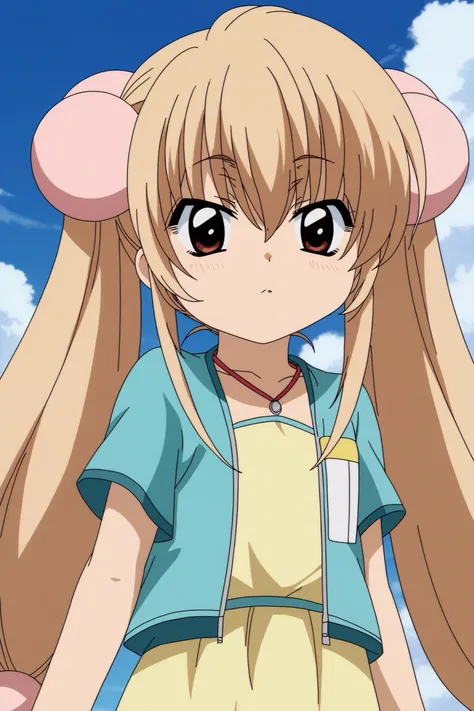 anime girl with long blonde hair and blue shirt and pink ears