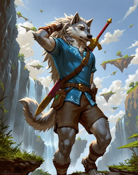 masterpiece, best quality, dangpa, tarran fiddler, 

anthro, male, wolf, floating islands, fully clothed, shorts, shirt, solo, vista, clouds, looking down, waterfall, hyrule, fantasy art, fantasy, adventurer, sword on back, atmospheric, windy, long hair