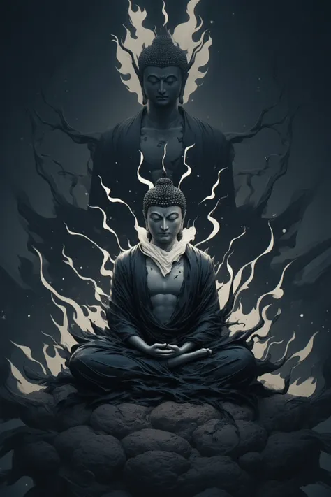 evil-uni,The evil Tathagata Buddha, in a black and white robe, with an illusory black Buddha statue in the background, emitting a black flame of light, sits in a coiled position on a large rock