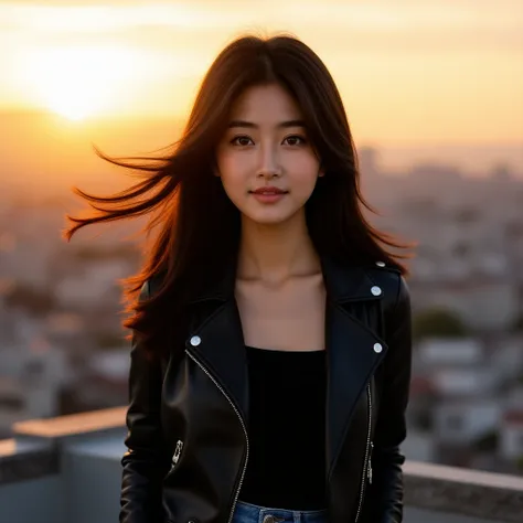 A young Asian woman with an oval face, warm, lightly tanned skin, and almond-shaped brown eyes framed by neatly arched eyebrows. She has high cheekbones, full pinkish lips, and a gentle expression. She stands confidently on a city rooftop at sunset, wearin...