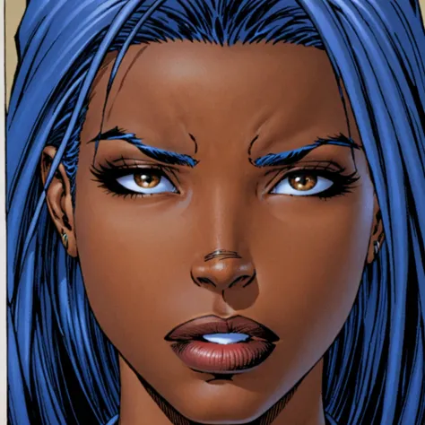 score_9, score_8_up, score_7_up, witch3lade4, comic_book_style, 1girl, solo, brown eyes, parted lips, hair between eyes, portrait, blue hair, lips, dark skin, dark-skinned female, teeth, bangs, tears, witchblade_comic_sytle,