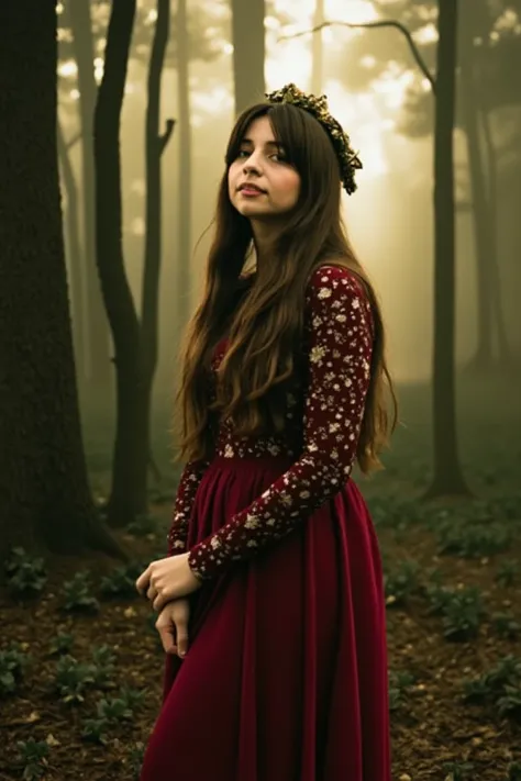 pazl,plen,plez, cinematic, cinematic lighting, ultra realistic, ultra defined textures and colors,8k , looking at viewer, dappled sunlight filters through trees to highlight her ethereal dress. Standing amidst foggy woodlands with a braided crown and earth...