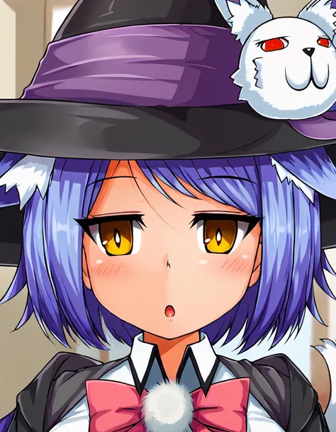 jacket, shirt, ears down, bow, puppet, hat, animal ears, witch hat, cat ears, solo, blue hair, yellow eyes, short hair, looking at viewer, tail, cat tail, blush, white shirt, animal ear fluff, black headwear, collared shirt, blurry, bowtie, open mouth    <...