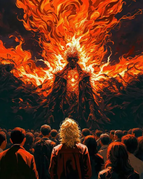 db4rz style, people standing, facing large fiery figure, orange and dark background, central person with blonde hair, crowd in f...