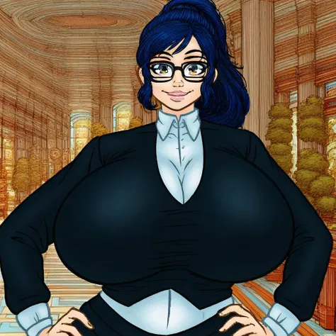 shirt, ponytail, breasts, long hair, hand on hip, huge breasts, lips, glasses, hands on hips, smile, puckered lips, 1girl, solo, black-framed eyewear, collared shirt, blue hair