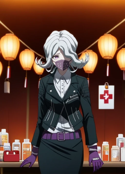 solo, <lora:Seiko_Kimura_SDXL:1>, This is an anime screencap from Danganronpa 3. Seiko Kimura is wearing her future arc uniform. Seiko Kimura is a short woman with purple eyes and a sickly complexion. She has pale grey hair and a respirator mask covering h...