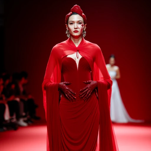 This is a high-fashion runway photograph showcasing a striking fashion show scene. The model, a woman with a pale complexion and striking, bold makeup, walks down a runway. She wears an elaborate, floor-length gown made of a rich, deep red velvet material....