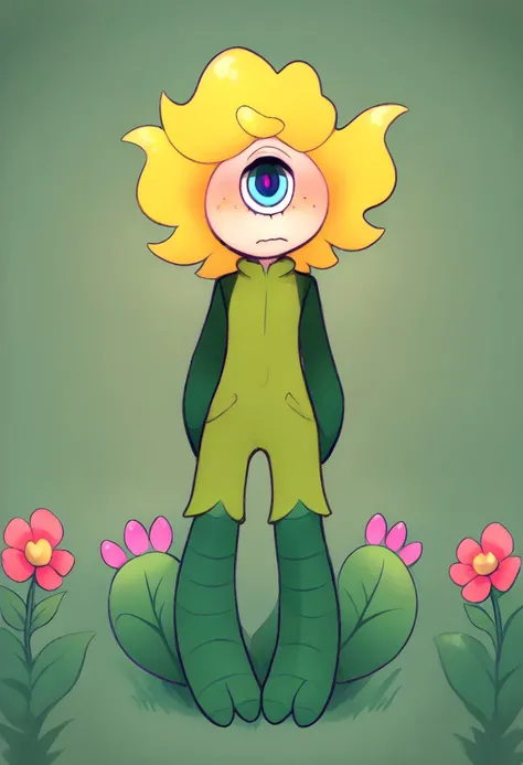 (vb_petals,penis,1boy,plant monster,monster boy,trap,unibrow,femboy,cyclops,eyelash,pink nubs,leaf arms,full body,three fingers, yellow hair,plant feet,plant hands,)c4toony style,thick outline,score_9, score_8_up, score_10,