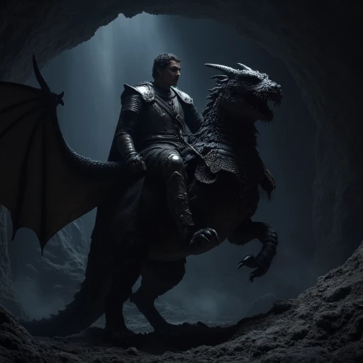 A  image of a young man wearing full plate armor while riding a dragon, in a cave in the dark. from the game of thrones series