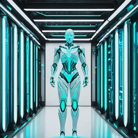 cybersecurityandroid, esetrobot, "A powerful cybernetic humanoid robot stands confidently in a futuristic data center, surrounded by glowing turquoise lights and high-tech server racks. The robot has a metallic body with turquoise accents, wearing a flowin...