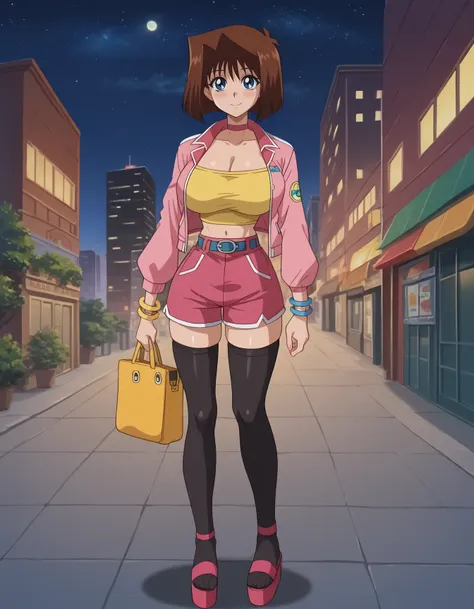 anime girl in short pink dress with yellow purse and black stockings