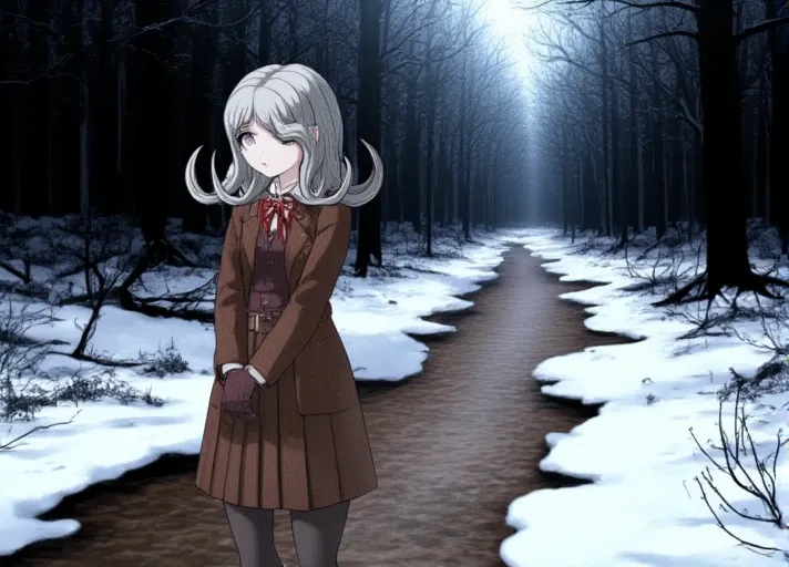 <lora:Seiko_Kimura_Flux:1>, This is a photograph from Danganronpa 3 The Stage. Seiko Kimura is wearing her despair arc Hopes Peak Academy uniform. Shes wearing a brown blazer over a dark purple vest with a dark red bow at the collar. Shes wearing a brown p...