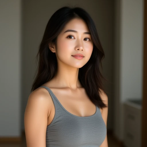 A young Asian woman with an oval face, warm, lightly tanned skin, and expressive almond-shaped brown eyes framed by neatly arched eyebrows. She has high cheekbones, full pinkish lips, and a calm, confident expression. Her dark brown hair flows naturally ov...