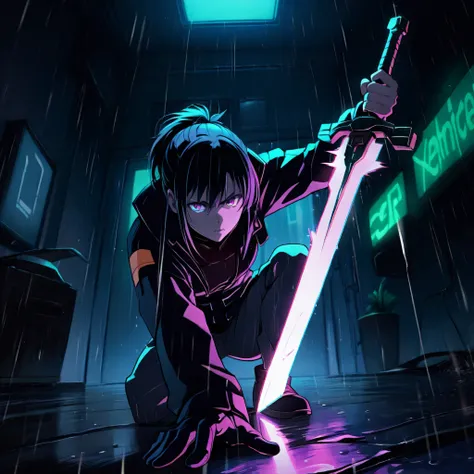 masterpiece, best quality, good quality, newest, 1girl, foreshortening, holding sword, stab, glowing sword, cyberpunk, very aesthetic, dark theme, rain, indoors, neon signs,