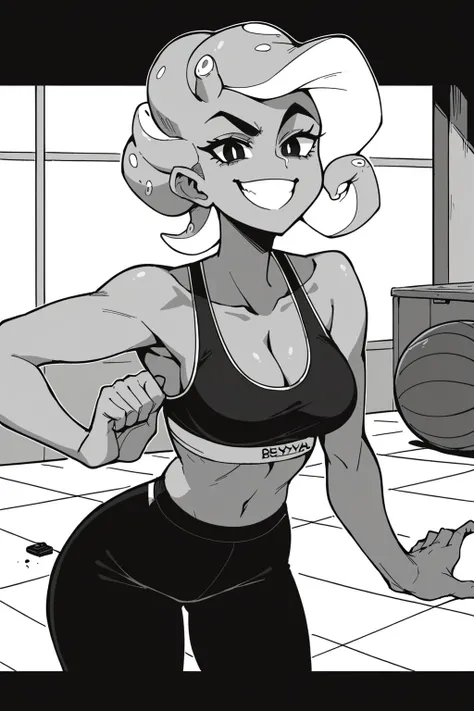 score_9_up, score_8_up, score_7_up, source_anime, nsfw, 2d, break,
monochrome, lineart, grayscale,
bexkohya, 1girl, black eyes, tentacle hair,
 <lora:bexKohya:1>
looking at viewer, black sports bra, black pants, yoga pants, cleavage, indoors, smile, smug, ...