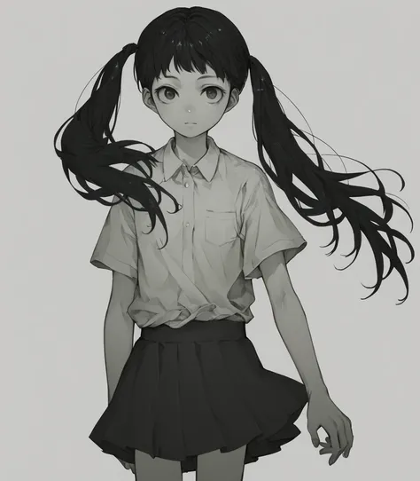 score_9, score_8_up 
 <lora:Monoko:1> m0n0k0, 1girl, solo, twintails, skirt, monochrome, shirt, black hair, long hair