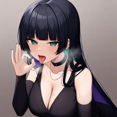 masterpiece, best quality, pa-san, black hair, hime cut, piercing,  blunt bangs, purple colored inner hair, green eyes, black dress, large breasts, tongue out, upper body, cleavage, saliva, fellatio gesture, breath, heavy breathing, necklace, mole on breas...