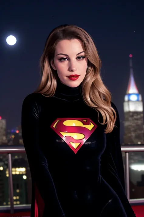 livty-362, ((detailed eyes, detailed face, masterpiece, best quality, high resolution):1.2), ((red lipstick, blush, eyeliner, eye shadow)), ((modest, fully clothed)), a photo of a woman, ((superman logo)), ((turtleneck bodysuit, black bodysuit, at night, r...