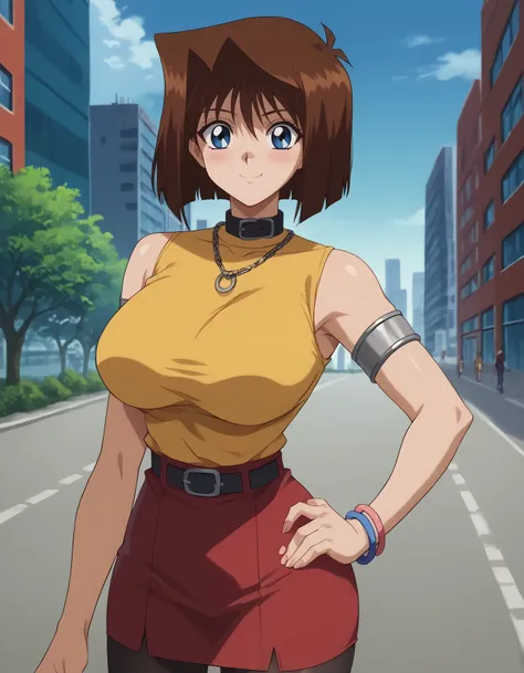 anime girl in yellow top and red skirt standing in the middle of a street