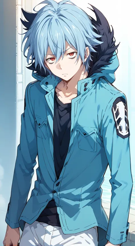 1boy,solo,male focus,jacket,shirt,pants,belt,any6seki,looking_at_viewer,sleepy ash,red eyes,blue hair,bags under eyes