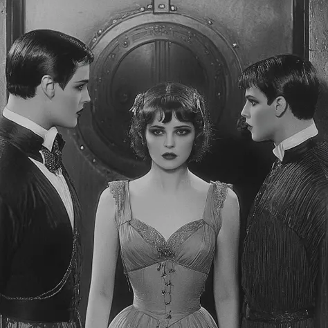 <lora:10s_Retro_Future_MovieSDXL:1> ArsMovieStill, movie still from a 1910s retro future  movie, The image shows a black and white photo of three people two men and a woman standing in front of a wall with a door in the background. The woman is wearing a d...