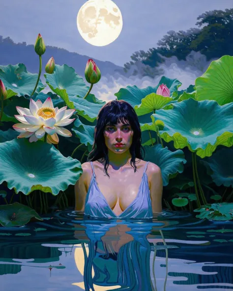 db4rz style, Woman submerged waist-deep in water, surrounded by giant water lilies, reflection shows a different face, moonlight illuminating the scene, soft fog hovering above the water