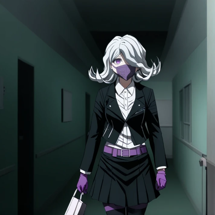 <lora:Seiko_Kimura_SDXL:1>, This is a photograph from Danganronpa 3 The Stage. , ((black slip)), Seiko Kimura is wearing her future arc uniform. Seiko Kimura is a short woman with purple eyes and a sickly complexion. She has pale grey hair and a respirator...