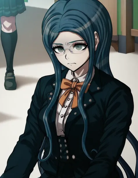 <lora:Tsumugi_Shirogane_Illustrious:1>,  This is an anime screencap from Danganronpa 3. . Tsumugi Shirogane wearing her uniform from Danganronpa V3. Tsumugi Shirogane has knee-length dark teal-blue hair parted in the center which is straight and smooth at ...