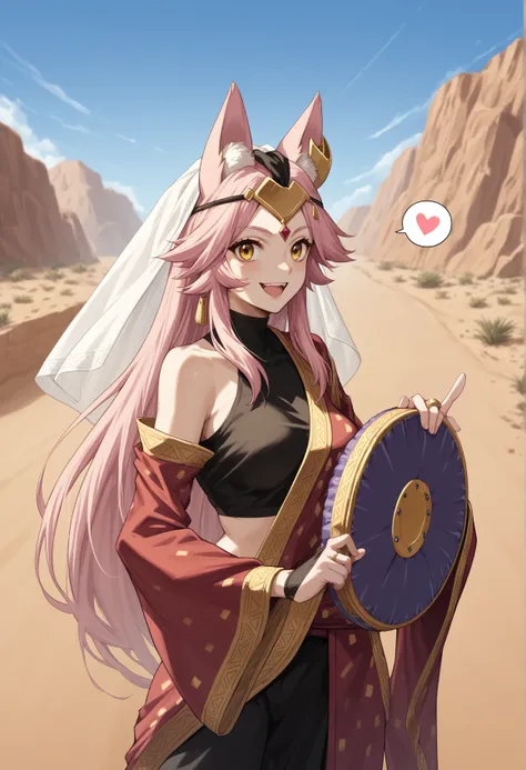 solo <lora:Koyanskaya_pony:1>1girl, long hair, sidelocks, pink hair, yellow eyes, fox ears, fox tail, pink animal ears, pink tail, forehead protector, jewelry, jewel, ring, indian clothes, black bridal gauntlets, tube top, veil, holding sign, spoken heart,...