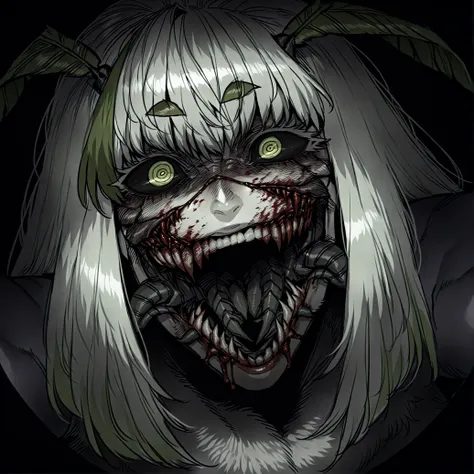 juniper actias, moth girl, black sclera, antannae, white skin, ratatat74, yomu (sgt epper), green eyes, white hair, streaked hair, dark background, (horror (theme):1.3), mouth focus, mandibles, sharp teeth, bifurcated jaw, (glasgow smile:1.2), teeth, monst...