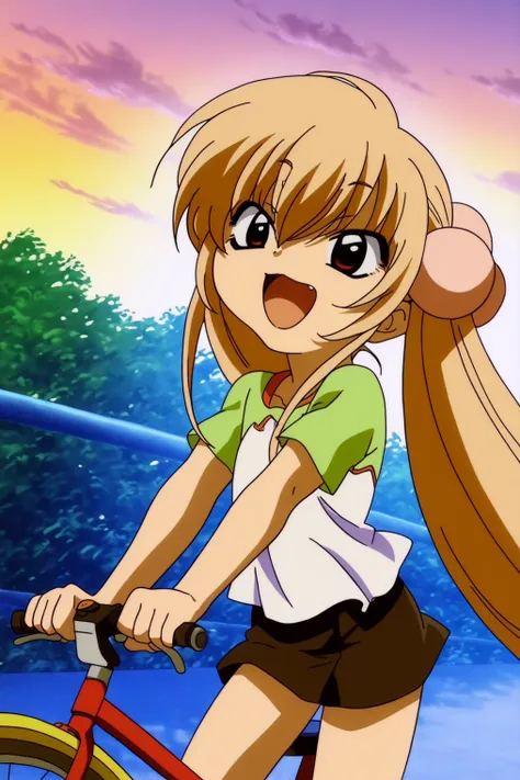 anime girl riding a bike with a ponytail and a smile