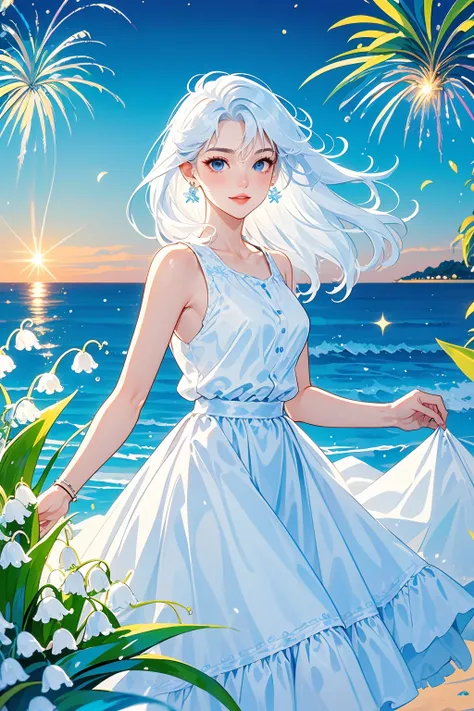 Cygnus, a mature woman, white long straight hair, blue eyes, wearing a light blue elegant long dress, stud earrings on her ears, tranquil seaside pattern background, embellished with flowing light, holographic effects, flower bouquets, highly saturated col...