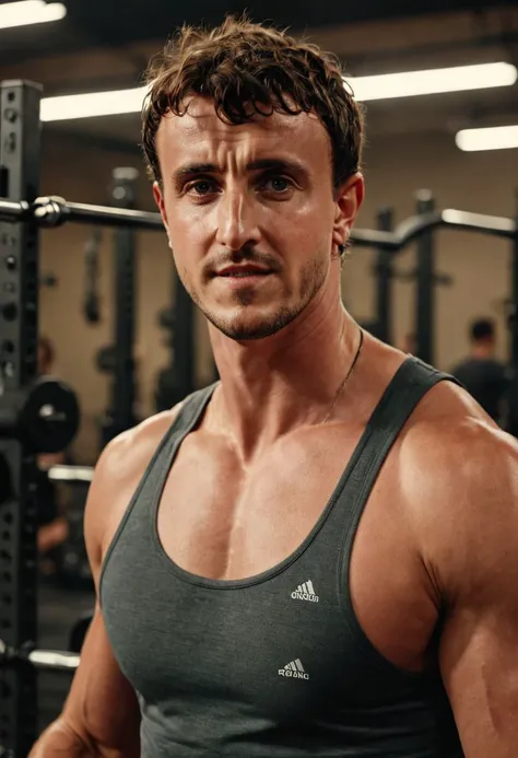 Paul Mescal a man <lora:Paul-Mescal:0.9>,  cinematic film stilil ((sweaty)), tanktop, gym, working out, lifting weights, dynamic pose . shallow depth of field, vignette, highly detailed, high budget, bokeh, cinemascope, moody, epic, gorgeous, film grain, g...