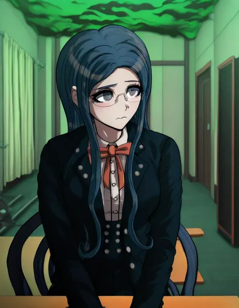 masterpiece, best quality, <lora:Tsumugi_Shirogane_Illustrious:1>,  This anime screencap is from Danganronpa the Animation. . Tsumugi Shirogane wearing her uniform from Danganronpa V3. Tsumugi Shirogane has knee-length dark teal-blue hair parted in the cen...