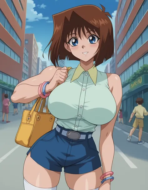 anime girl in short shorts and a shirt with a handbag