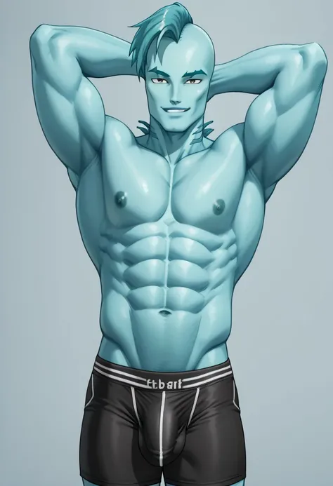 Gil Webber G1, Blue skin, Fish man, sea Monster, abs, white iris, Gills, dark cyan fin hair, Mohawk, sharp cheek bones, Male, black boxers, Big pecs, bara, muscular, hands behind head, looking at  viewer, smug smirk, Penis bulge, big bulge, flaccid penis