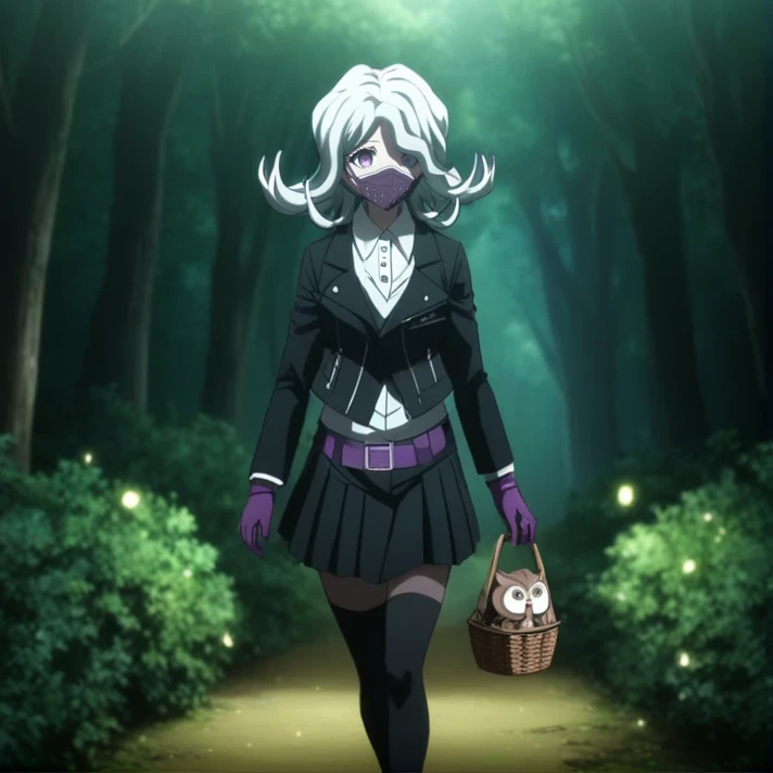 <lora:Seiko_Kimura_SDXL:1>, This is an anime screencap from Danganronpa 3. , ((black slip)), Seiko Kimura is wearing her future arc uniform. Seiko Kimura is a short woman with purple eyes and a sickly complexion. She has pale grey hair and a respirator mas...