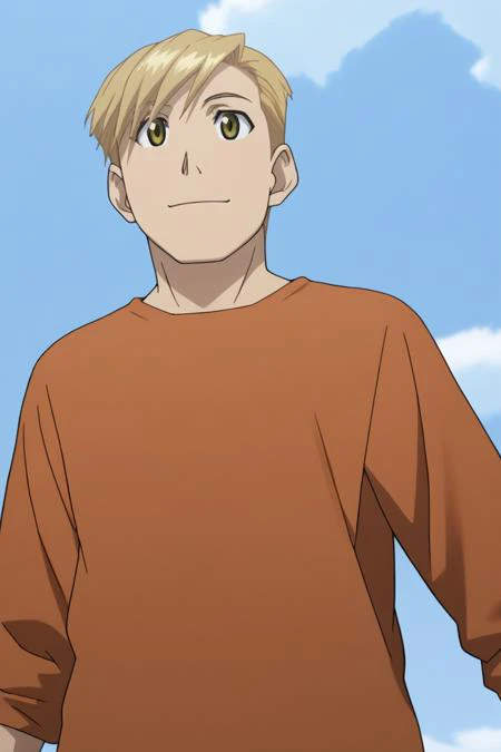 score_9, score_8_up, score_7_up, score_6_up, detailed, intricate details, highres, absurdres ,source_anime, cowboy shot, alphonse elric, blonde hair, yellow eyes, male focus, 1boy, shirt, sky, looking afar, upper body, cloud, blue sky, arms at sides, solo,...