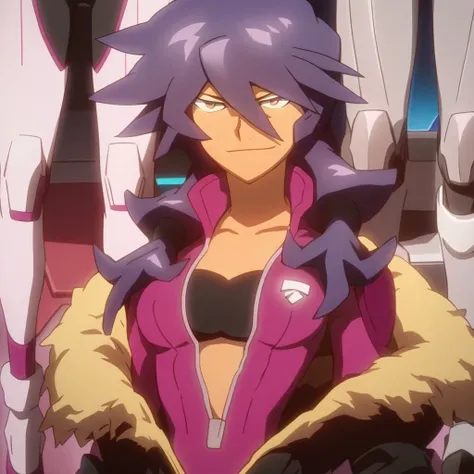 score_9, score_8_up, score_7_up, source_anime, masterpiece, high quality BREAK 1girl, long hair, smile, breasts, dark skin, purple hair, solo, dark-skinned female, fur trim, bra, robot, bodysuit, looking at viewer, mecha