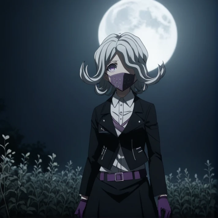 <lora:Seiko_Kimura_SDXL:1>, This is an anime screencap from Danganronpa 3. , ((black slip)), Seiko Kimura is wearing her future arc uniform. Seiko Kimura is a short woman with purple eyes and a sickly complexion. She has pale grey hair and a respirator mas...