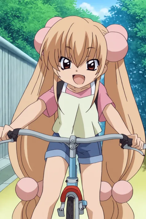 anime girl riding a bicycle with a big long hair