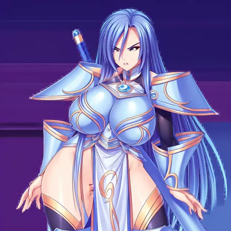 A woman with long, loosely combed blue hair, piercing eyes, and dressed in tight-fitting armor, holds a golden sword with a peculiarly shaped blue handle (a penis-shaped blue handle). She poses with a combat-ready stance, displaying strength and determinat...